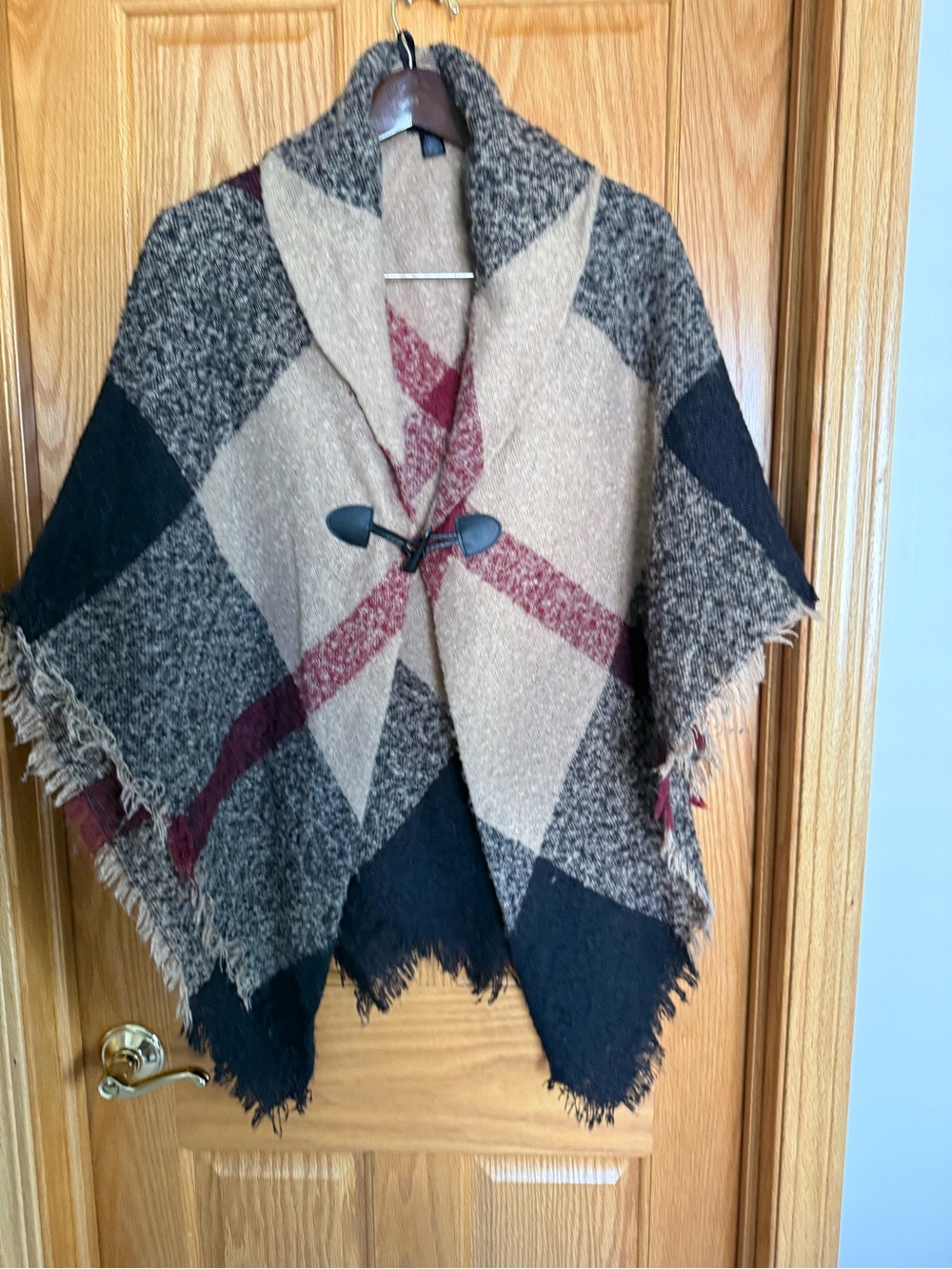 Fringed Plaid Shawl Cape in Beige, Black & Burgundy